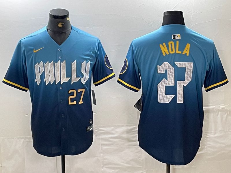 Men Philadelphia Phillies 27 Nola Blue City Edition Nike 2024 MLB Jersey style 1